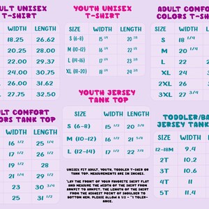a table with size and width measurements for different age groups, including adult and youth. The table provides the corresponding tank tops for each age group, ranging from 3XL to 2XL.
