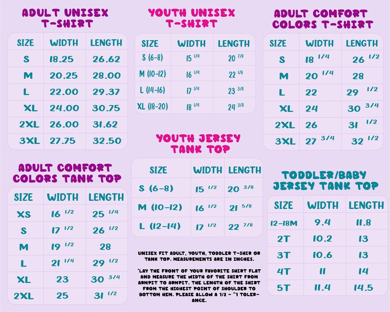 a table with size and width measurements for different age groups, including adult and youth. The table provides the corresponding tank tops for each age group, ranging from 3XL to 2XL.