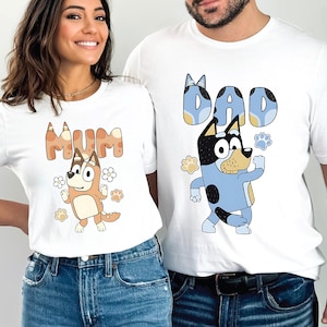 Couple Shirts Funny Dancing Blue Dog Dad Mum Shirts Cute Mum Shirts Mom and Dad Music Shirt Trend Cartoon Parents Shirt family matching