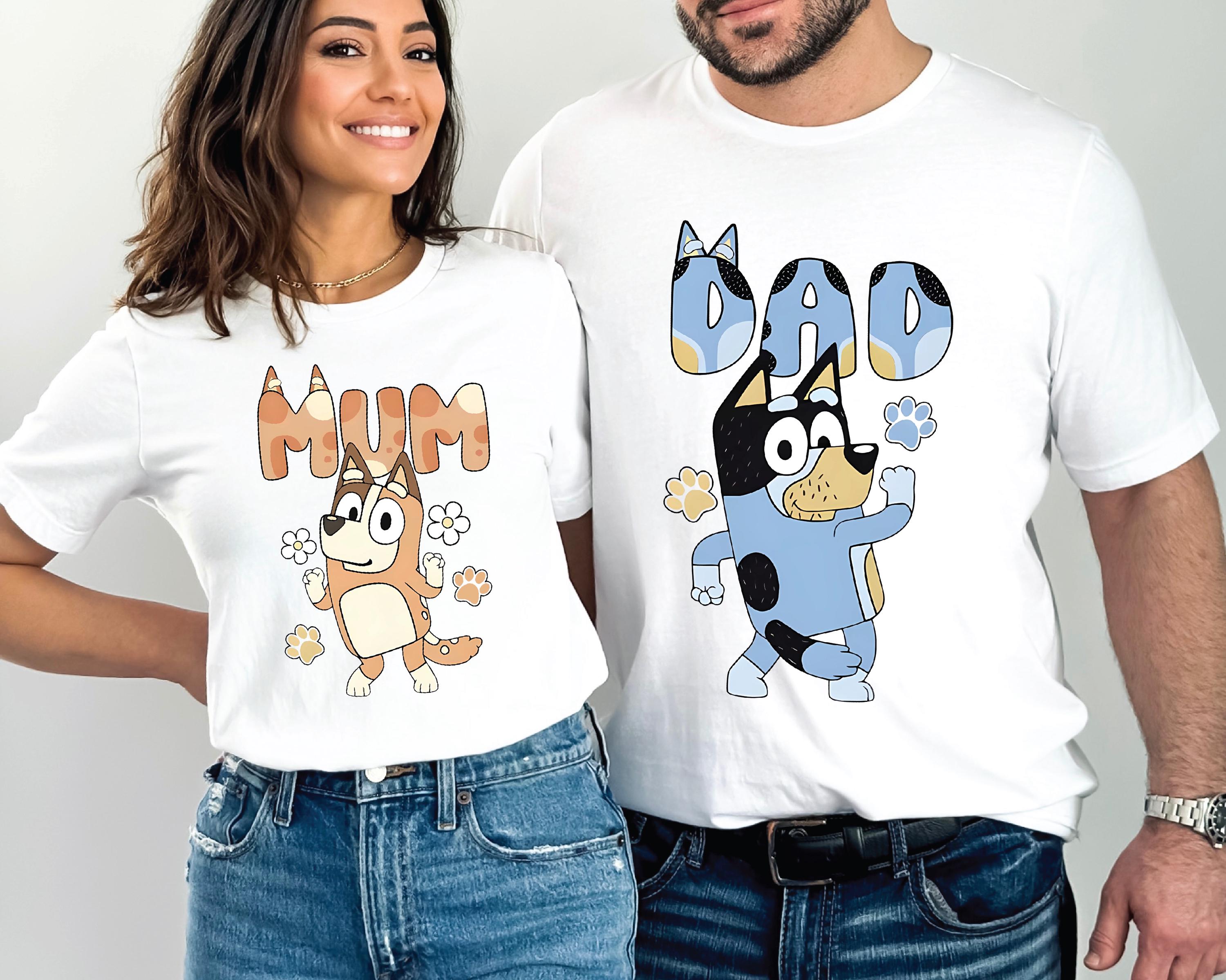 Couple Shirts Funny Dancing Blue Dog Dad Mum Shirts Cute Mum Shirts Mom and Dad Music Shirt Trend Cartoon Parents Shirt family matching