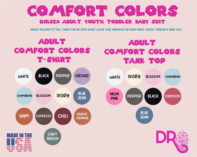 The image is a collage of various color swatches for a unisex adult, youth, toddler, baby suit, and a t-shirt, along with the text "COMFORT COLORS" and "MADE IN THE USA".