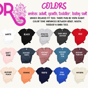 a variety of t-shirt colors and styles, including white, black, athletic, heather, soft pink, navy, peach, orange, heather, peach, and natural.