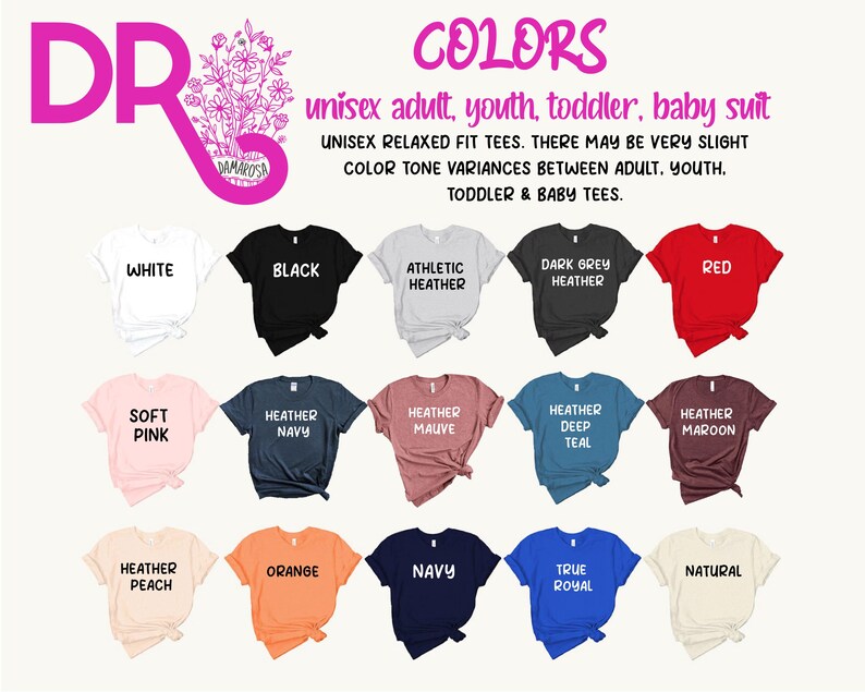 a variety of t-shirt colors and styles, including white, black, athletic, heather, soft pink, navy, peach, orange, heather, peach, and natural.
