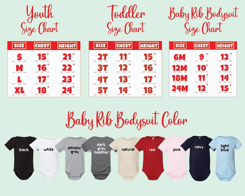 a baby bodysuit color chart with the names of each bodysuit