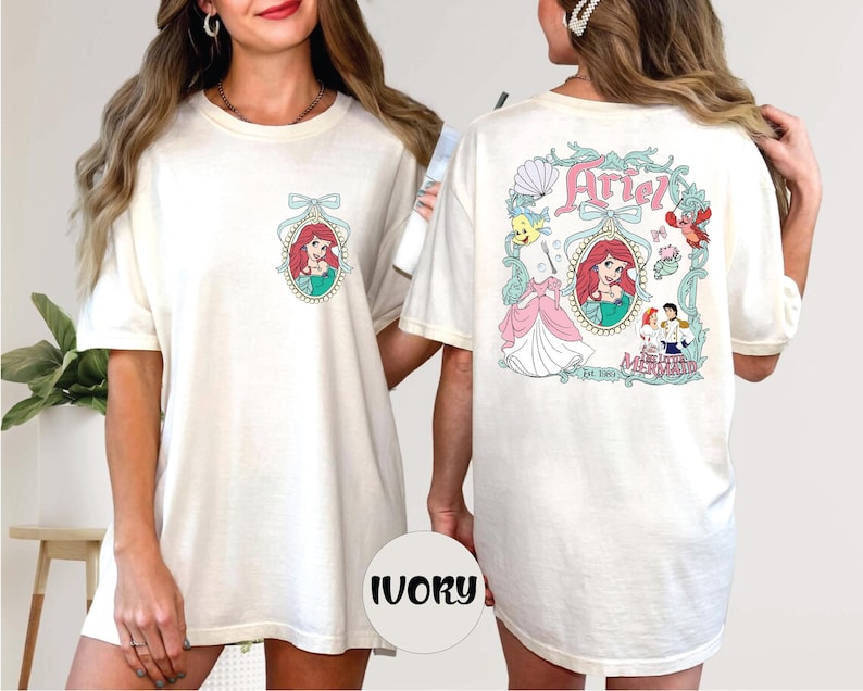 two women wearing white t-shirts with the Disney character Ariel from The Little Mermaid.