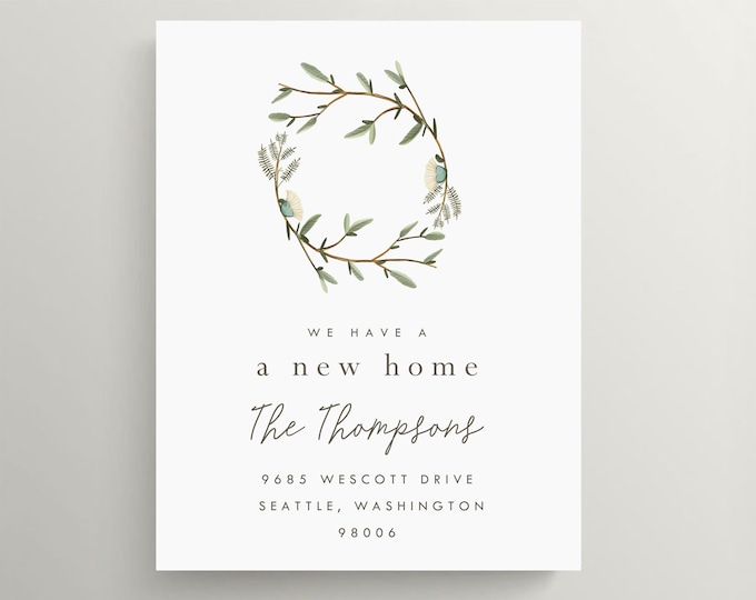 minimalist new home moving card new address card soft greens wreath moving announcement we/'ve moved