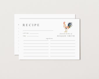 Personalized Rooster Recipe Card, Kitchen Rooster, Double Sided, 3x5, 4x6, Set of 10