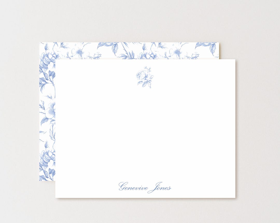 Personalized Blue Peony Stationery Set: Elegant Floral Note Cards - Brilliant White