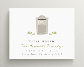 post box moving announcement, mail box moving, new home, we've moved, new address, new address card