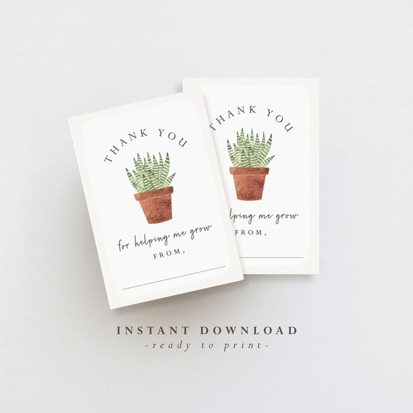 thank you for helping me grow tag, succulent gift tag, teacher appreciation card, favor tag, preschool, printable, instant download