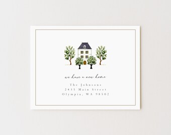 New Home Announcement Cards: Cute Watercolor House, New Address, Housewarming Gift