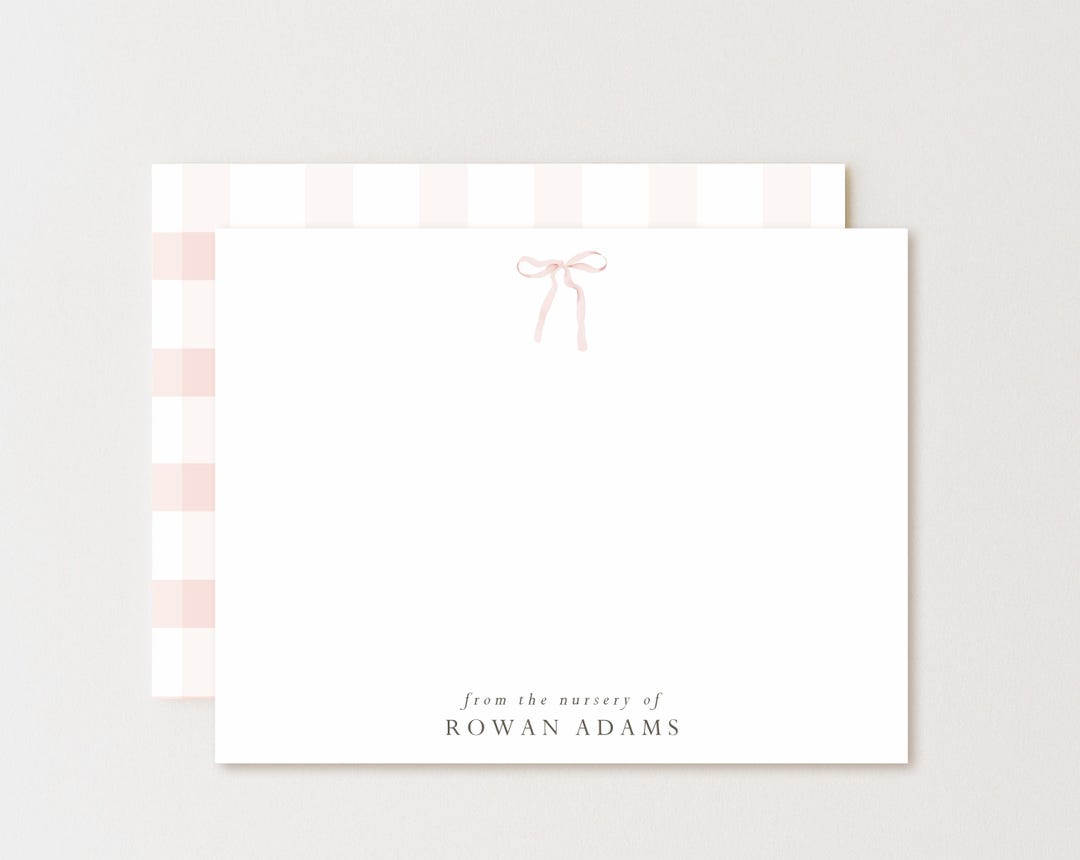 Personalized Stationery Set: Pink Bow Gingham Flat Note Cards - Etsy