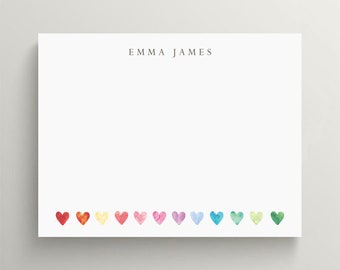 personalized stationery set, flat personal note card, rainbow heart stationery, heart themed note card