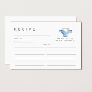 May include: White recipe card with the word "RECIPE" at the top. A blue watercolor teacup illustration is on the right, with the text "from the kitchen of BETH THOMAS" below it. Lines are provided for cook time, temp, and ingredients.