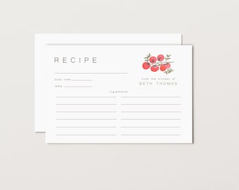 Pode incluir: Um cartão de receita branco com a palavra "RECEITA" na parte superior. O cartão apresenta linhas para o tempo de cozedura, a temperatura e os ingredientes. Uma ilustração em aquarela de tomates e o texto "from the kitchen of BETH THOMAS" está à direita.
