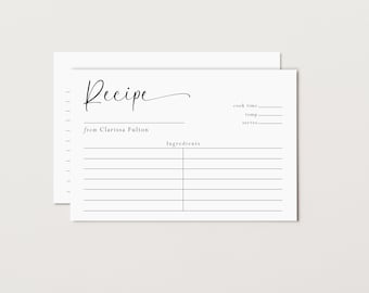 Personalized Minimalist Recipe Card, Double Sided, Custom, 3x5, 4x6, Set of 10