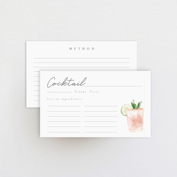 cocktail recipe card, custom recipe card, bridal shower gift, stock the bar, double sided recipe card, 3 x 5, 4 x 6