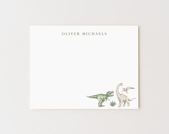 Personalized Dinosaur Stationery Set: Flat Note Cards, Watercolor Dinosaurs