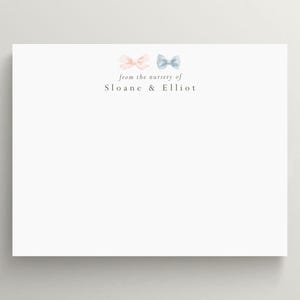 Personalized Twin Nursery Stationery: Watercolor Bow Notecards (Set of 10)