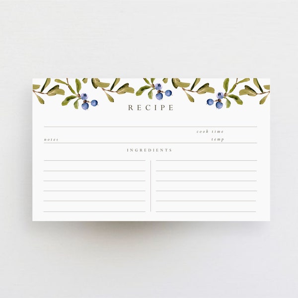 blueberry recipe card, floral recipe card, custom recipe card, double sided recipe card, 3 x 5 recipe card, 4 x 6 recipe card