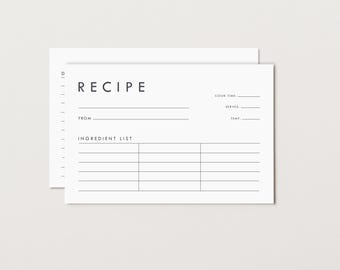 Custom Minimalist Recipe Cards, Simple Modern Design, Double Sided, 3x5, 4x6, Set of 10
