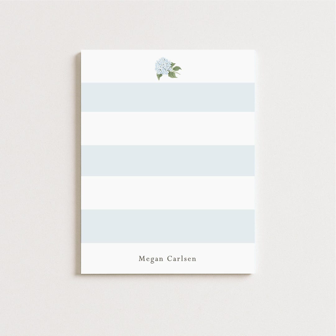 Personalized Notepad: Blue Hydrangea Floral Design, Striped Modern ...