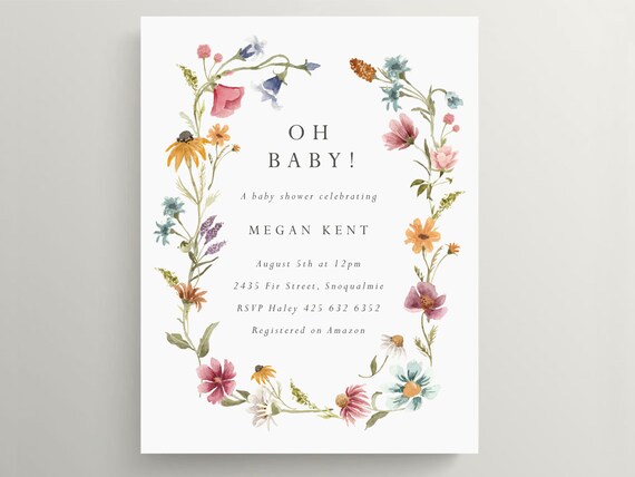 Printable Baby Shower Invitations with Wildflower Garland