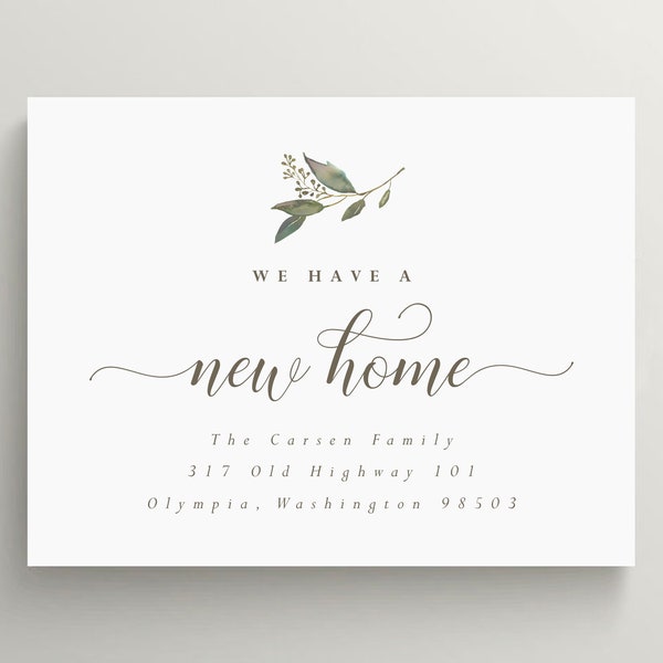 eucalyptus leaf moving announcement, farm house moving announcement, new home announcement, house warming party, we've moved card