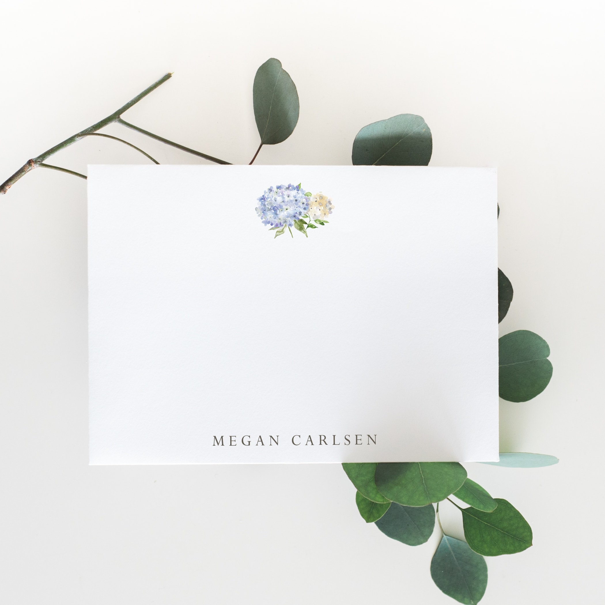 Personalized Hydrangea Stationery Set: Floral Flat Note Cards, Blue and ...