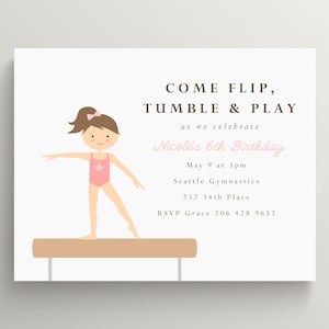Gymnastics Invitation | Tumbling Party | Birthday Invitation | Gymnast And Balance Beam | Set of 10
