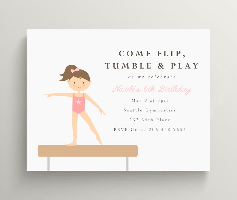 Gymnastics Invitation Tumbling Party Birthday Invitation Gymnast And Balance Beam Set of 10 image 1