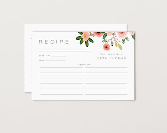 Personalized Floral Recipe Cards, Pink Garden Flowers, Double Sided, Set of 10