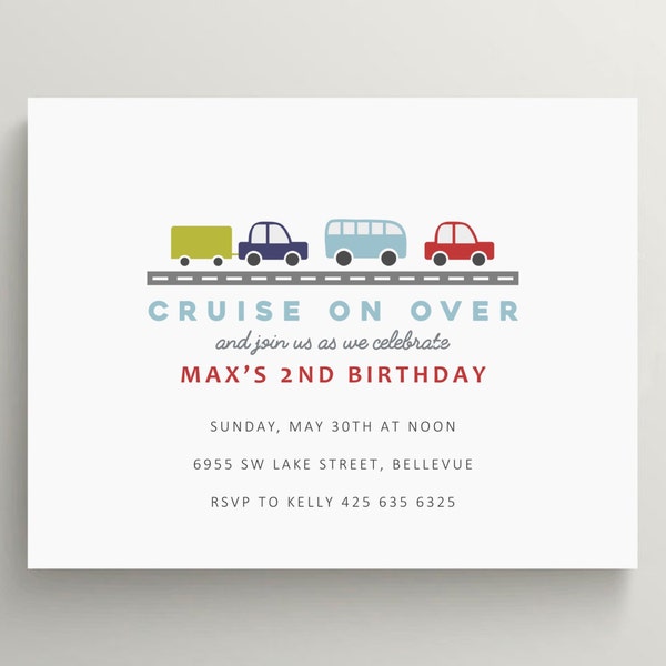 cars and trucks birthday invitation set // baby shower invitation // traffic // road // car // bus // thank you note // vehicle // vroom