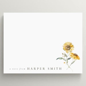 Personalized Stationery Set | Flat Note Card | Sunflower Stationery | Gold Florals Note Card | Summer Flowers | Set of 10