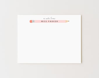 Personalized Teacher Note Card Set: Flat Stationery with Pencil Design, Teacher Gift, Teacher Appreciation