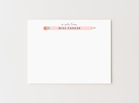Personalized Teacher Note Card Set: Flat Stationery with Pencil Design, Teacher Gift, Teacher Appreciation