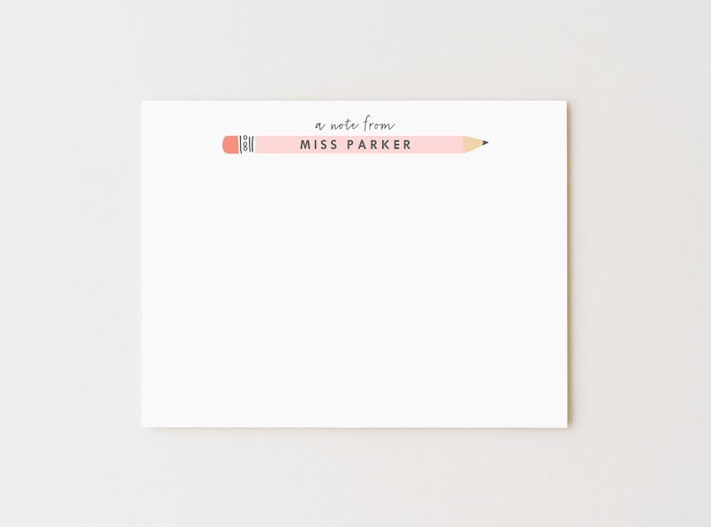 Personalized Teacher Note Card Set: Flat Stationery With Pencil Design ...