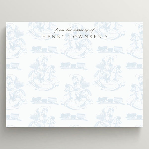 Personalized Stationery Set | Flat Note Card | Blue Toile Stationery | Vintage Themed Note Card | Nursery Stationery | Set of 10