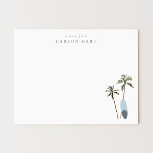 Personalized Palm Tree Surfboard Stationery Set: Beach Note Cards