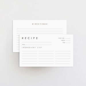simple recipe card, modern recipe card, minimalist card, double sided recipe card, 3 x 5 recipe card, 4 x 6 recipe card,