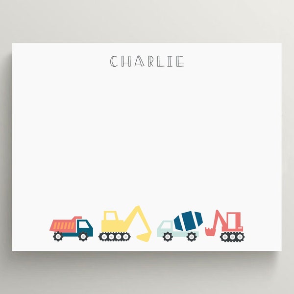 Personalized Stationery Set | Colorful Construction Stationery | Big Trucks | Dump Truck | Kids Stationery | Custom Stationery | Set of 10