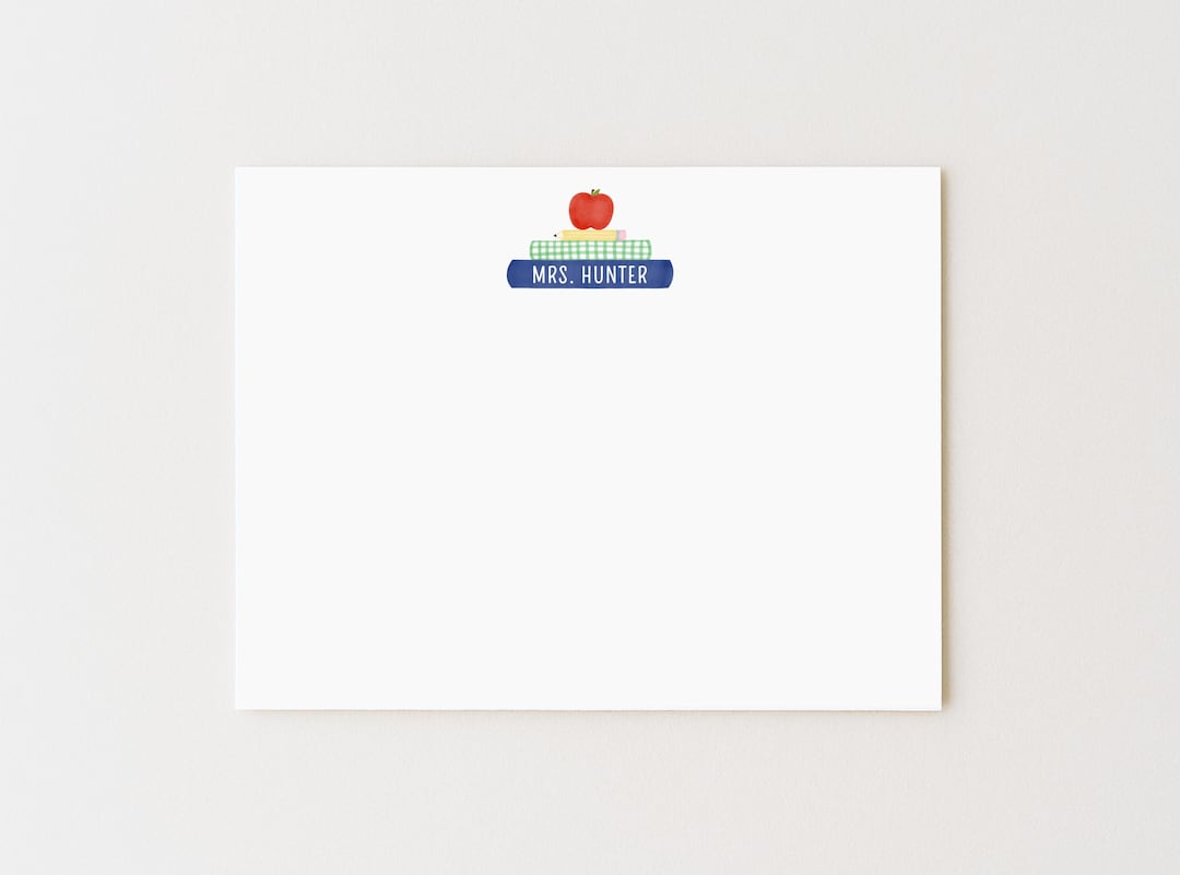 Personalized Teacher Stationery Set: Apple & Books Flat Note Cards ...