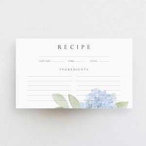 hydrangea recipe card, floral recipe card, custom recipe card, double sided recipe card, 3 x 5 recipe card, 4 x 6 recipe card