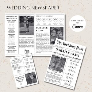 Może przedstawiać: Czarno-biały szablon gazety z ogłoszeniem ślubnym ze zdjęciami pary, harmonogramem ślubu i tekstem "The Wedding Post" oraz "Sarah & Alex are getting married!"