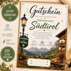 Südtirol Gutschein PDF | Städtereise verschenken | Südtirol Reise Geschenk | Kurztrip Gutschein | Last Minute Geschenk