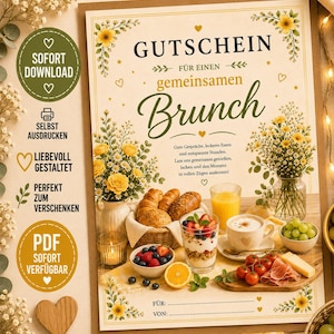 Könnte beinhalten: Ein ausdruckbarer Gutschein für einen Brunch mit dem Text GUTSCHEIN FÜR EINEN gemeinsamen Brunch. Das Design zeigt Illustrationen von gelben Blumen, einem Brotkorb, einem Glas Orangensaft, Joghurt mit Beeren und Weintrauben.