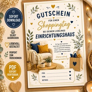 Op de afbeelding: Een printbare cadeaubon met de Duitse tekst GUTSCHEIN FÜR EINEN Shoppingtag BEI DEINEM LIEBLINGS EINRICHTUNGSHAUS. Het ontwerp bevat illustraties van een comfortabele fauteuil, een salontafel, een boodschappentas en decoratieve bladeren.