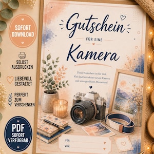 Könnte beinhalten: Ein ausdruckbarer Gutschein für eine Kamera mit Aquarellakzenten, einer zentralen Kameraabbildung, einer Kerze, einem Notizbuch und einem Stift. Der Text lautet Gutschein für eine Kamera, mit Feldern für Namen und Symbolen für den Sofort-Download.