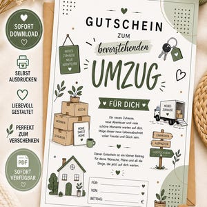 Puede incluir: Un vale de regalo de mudanza para descarga digital con un diseño verde y blanco. El certificado incluye ilustraciones de una casa, cajas de mudanza y un camión de mudanza. El texto incluye "Nuevo hogar, nuevas aventuras".