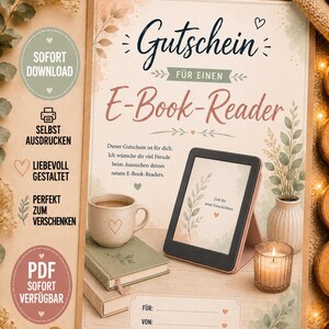 May include: A printable gift voucher for an e-book reader featuring the German text Gutschein für einen E-Book-Reader, a mug, stacked books, a lit candle, and a digital tablet displaying the text Zeit für neue Geschichten on a light background.